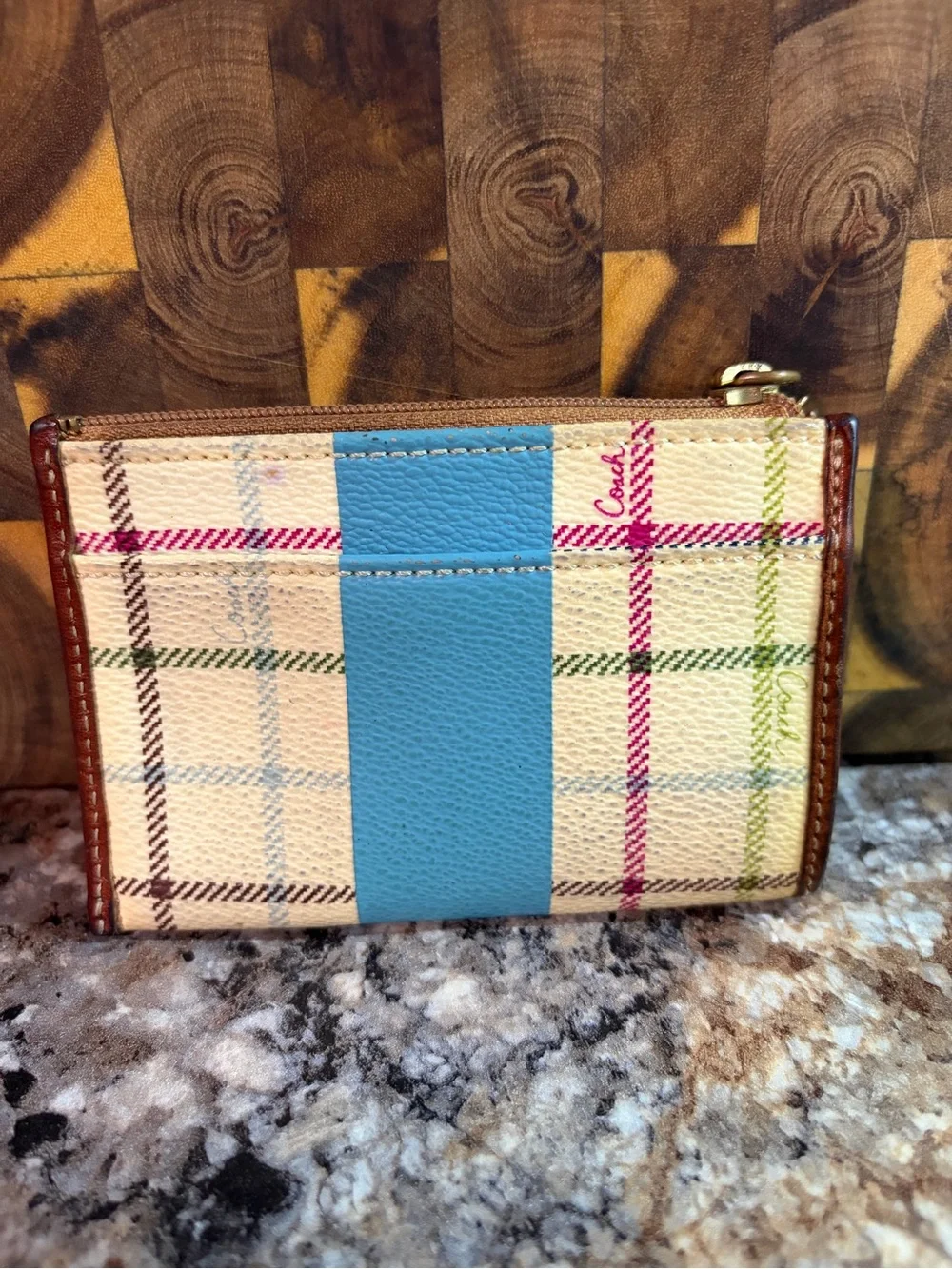 Coach Plaid Zip Card Case with Sky Blue Stripe